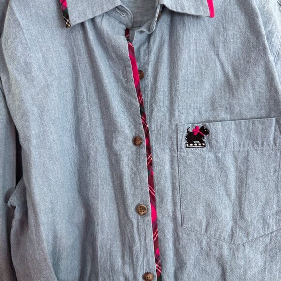 FOXCROFT Vintage 90s Chambray Red Holiday Plaid Trim Scottie Dog Embroidery Top - Picture 4 of 5